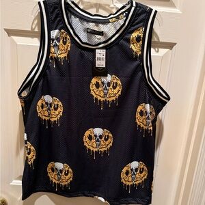 Black and Yellow  Skull Graphic  Mesh Tank Top NWT Size L  Smile Through It